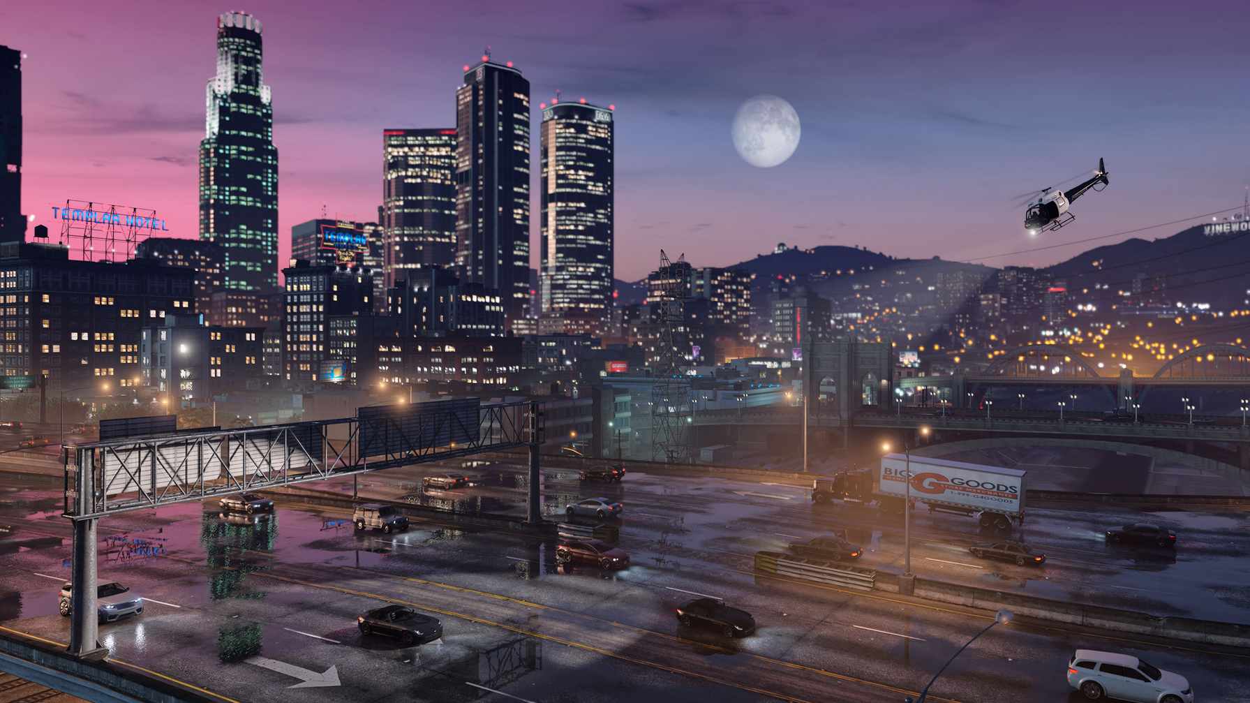 Screenshot of the newly updated PC port of Grand Theft Auto V, now flaunting ray traced effects.