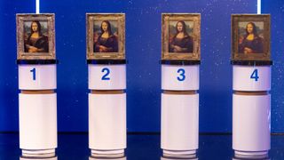 Four cake versions of the Mona Lisa on podiums in Is It Cake season 2