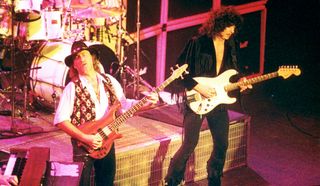 Roger Glover (left) and Ritchie Blackmore perform with Deep Purple at the Brixton Academy in London in 1993