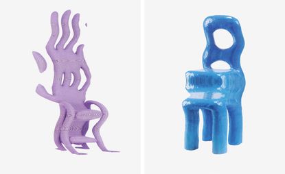 A purple chair, left, and a blue stool, right, recreated digitally by an artist as wriggly figures