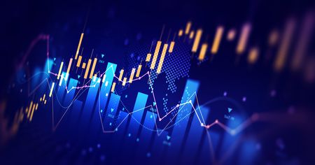 blue business financial chart with blue and orange bars and pink moving averages