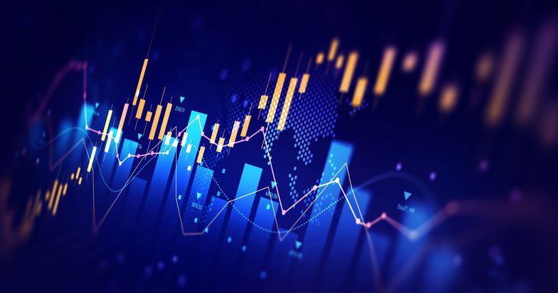 blue business financial chart with blue and orange bars and pink moving averages