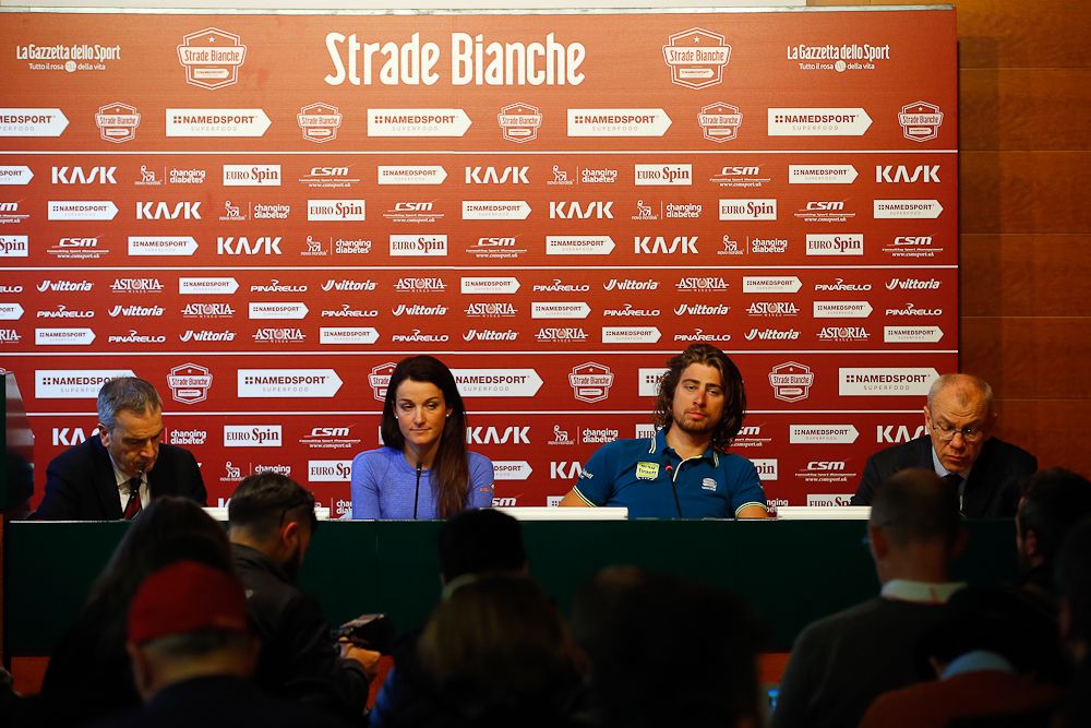 Lizzie Armitstead and Peter Sagan at the Strade Bianche press conference.