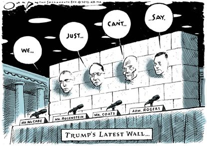 Political cartoon U.S. Comey hearing Trump border wall Russia investigation