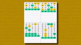 Quordle daily sequence answers for game 893 on a yellow background
