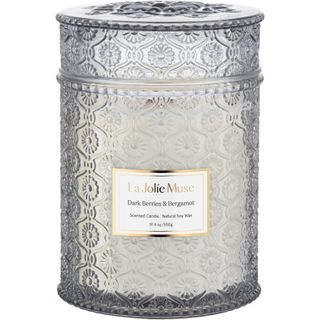 Patterned glass jar candle with gold label