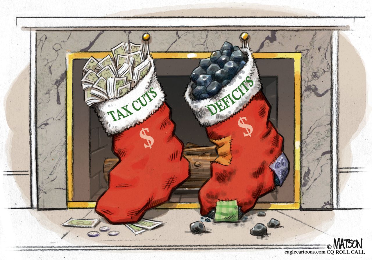 Political cartoon U.S. GOP tax reform deficit Christmas