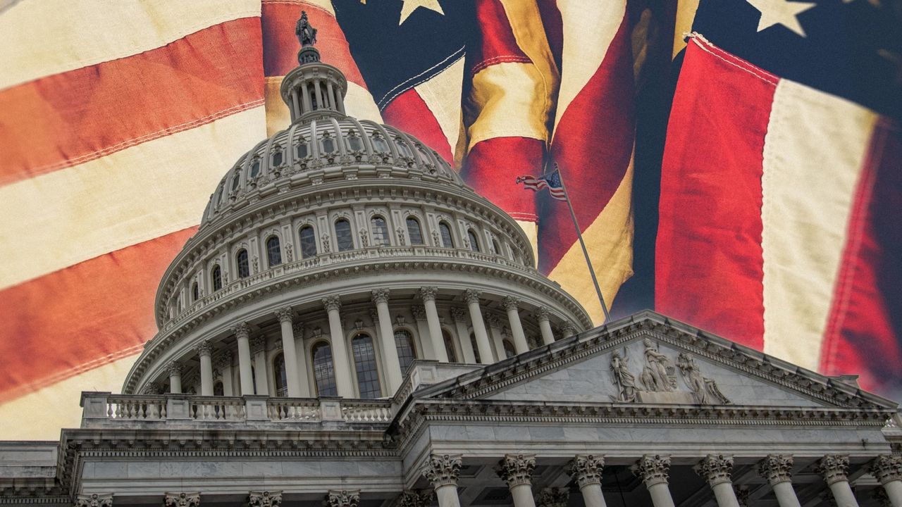 Capitol building with American flag backdrop