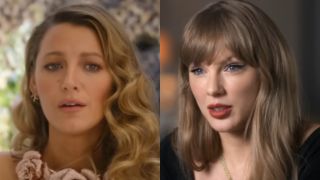 From left to right: Blake Lively in Another Simple Favor and Taylor Swift in The End of an Era.