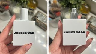 Collage of images of hand holding Jones Road Shower Fragrance with lid off and on