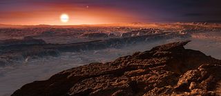 This artist's impression shows what the surface of the alien planet Proxima b might look like.