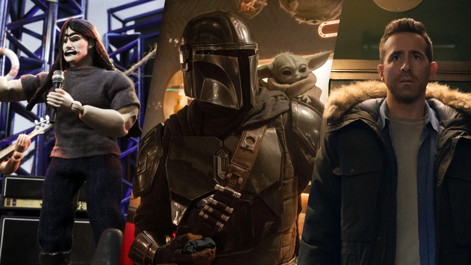 (From L to R) A claymation version of Nathan Explosion (voiced by Brendon Small) in the Robot Chicken Adult Swim Special; Pedro Pascal in The Mandalorian and Grogu; Ryan Reynolds as Troy in Mayday.