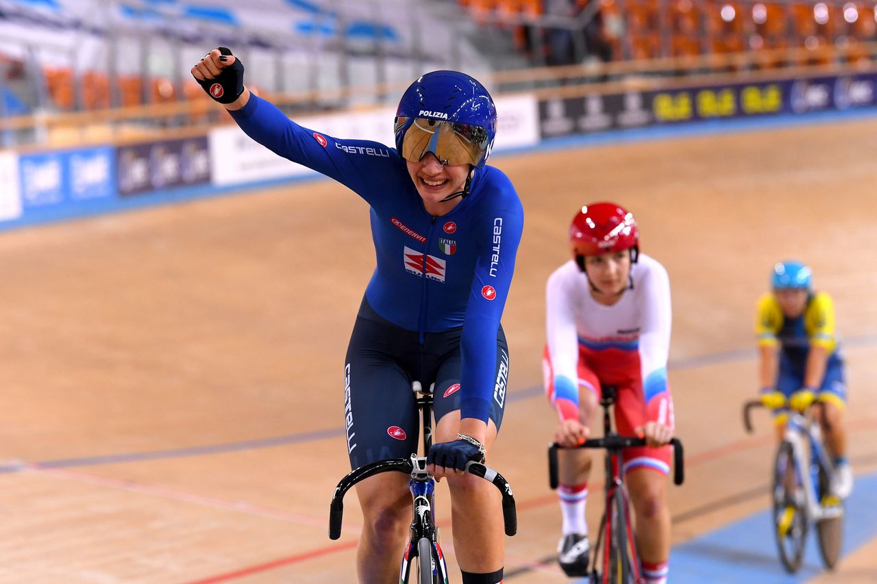 Martina Fidanza (Italy) wins the women&rsquo;s scratch race on the opening day of the 2020 UEC Track European Championships