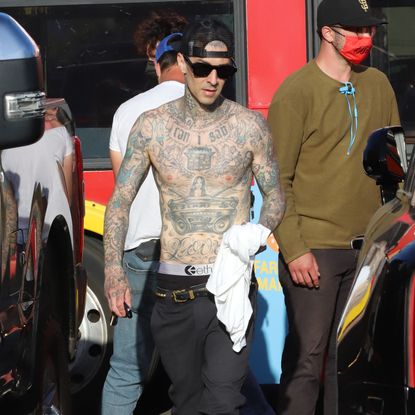 hollywood, ca april 08 travis barker is seen after filming on april 08, 2021 in hollywood, california photo by apexmegagc images