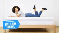 A woman lays on her stomach on the Hleix Plush Mattress Topper