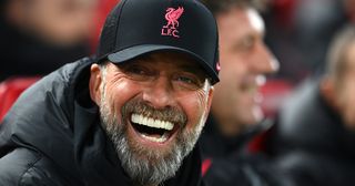 Liverpool manager Jurgen Klopp reacts prior to the Premier League match between Liverpool FC and Everton FC at Anfield on February 13, 2023 in Liverpool, England.