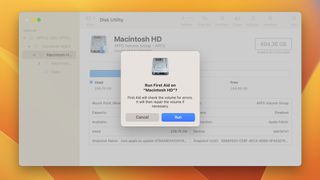 Disk Utility in macOS Ventura showing a dialog box with an option to run First Aid on a storage disk.