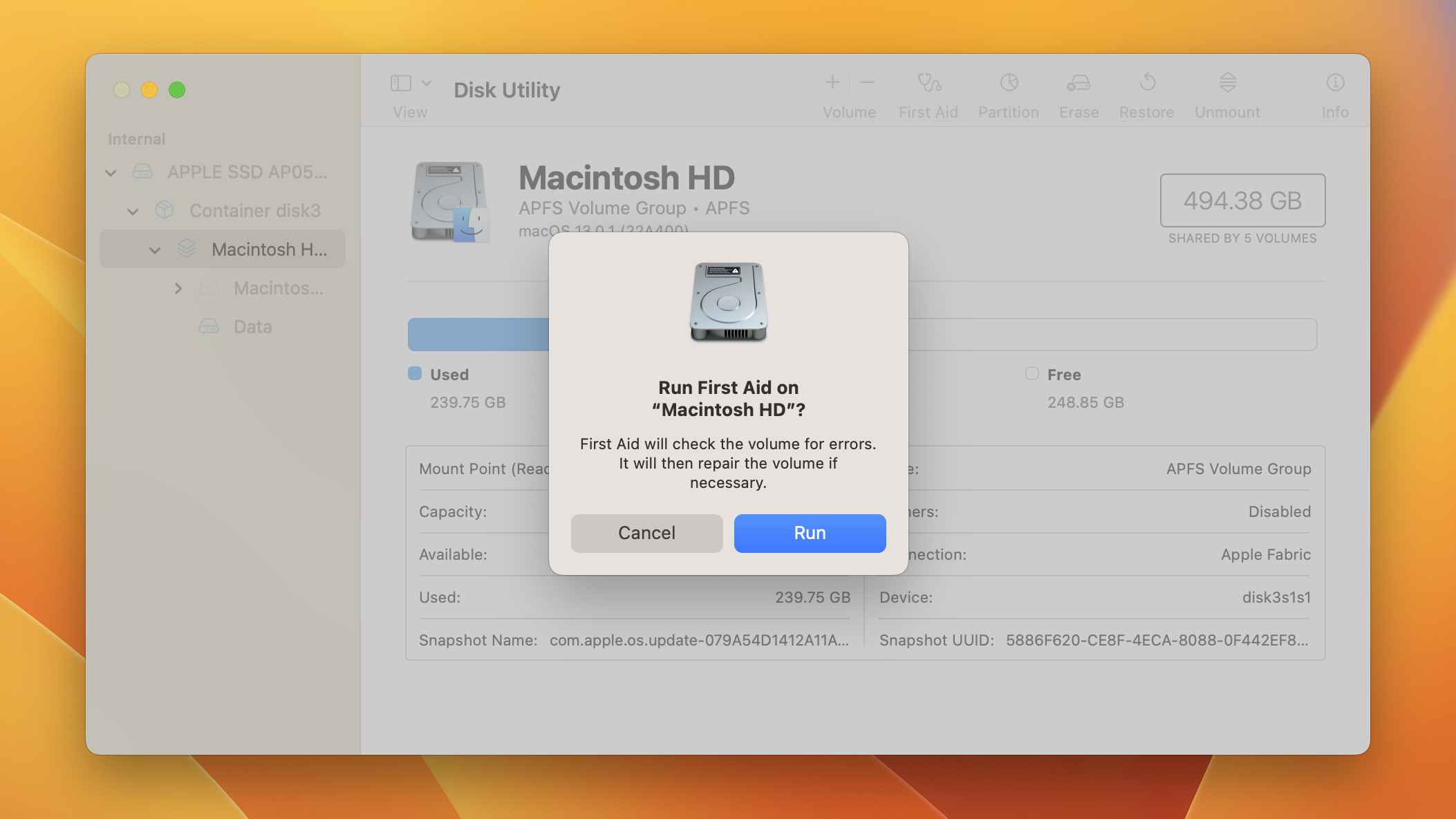 Disk Utility in macOS Ventura displays a dialog box with the option to run First Aid on a storage disk.