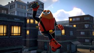 Killer Bean screenshot showing a cartoon-like brown bean jumping mid-air while holding a grenade up in his right hand