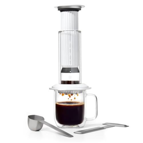 Aeropress Premium Coffee Press, Glass, Stainless Steel &amp;amp; Aluminum Coffee Maker, All-In-One French Press, Pour-Over &amp;amp; Espresso-Style Manual Brewer, 2 Min Brew for Less Bitterness, More Flavor (white)