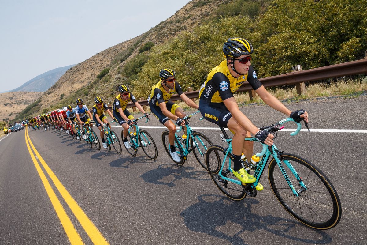 LottoNL-Jumbo riders at the front of the peloton during stage 5 in Utah
