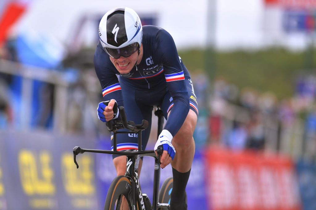 PLOUAY FRANCE AUGUST 24 Arrival Remi Cavagna of France during the 26th UEC Road European Championships 2020 Mens Elite Individual Time Trial a 256km race from Plouay to Plouay ITT UECcycling EuroRoad20 on August 24 2020 in Plouay France Photo by Luc ClaessenGetty Images