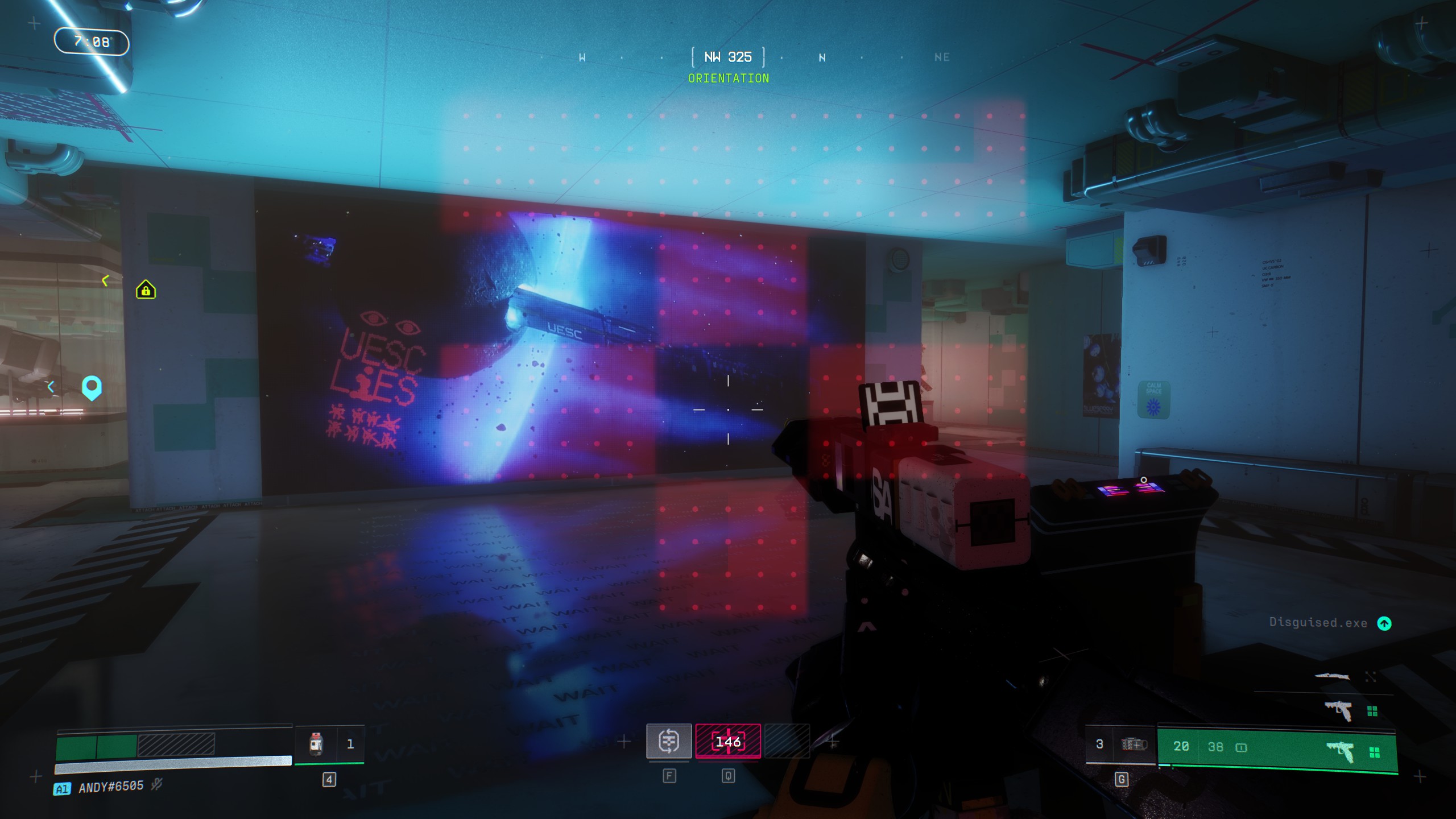 Marathon gameplay showing Rook on Outpost, walking up a monitor that says USEC LIES