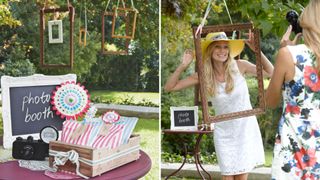 garden party photo booth idea with polaroid camera and hanging gold frames to act as photo props