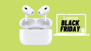 Black Friday AirPods deals with charging case against lime green background