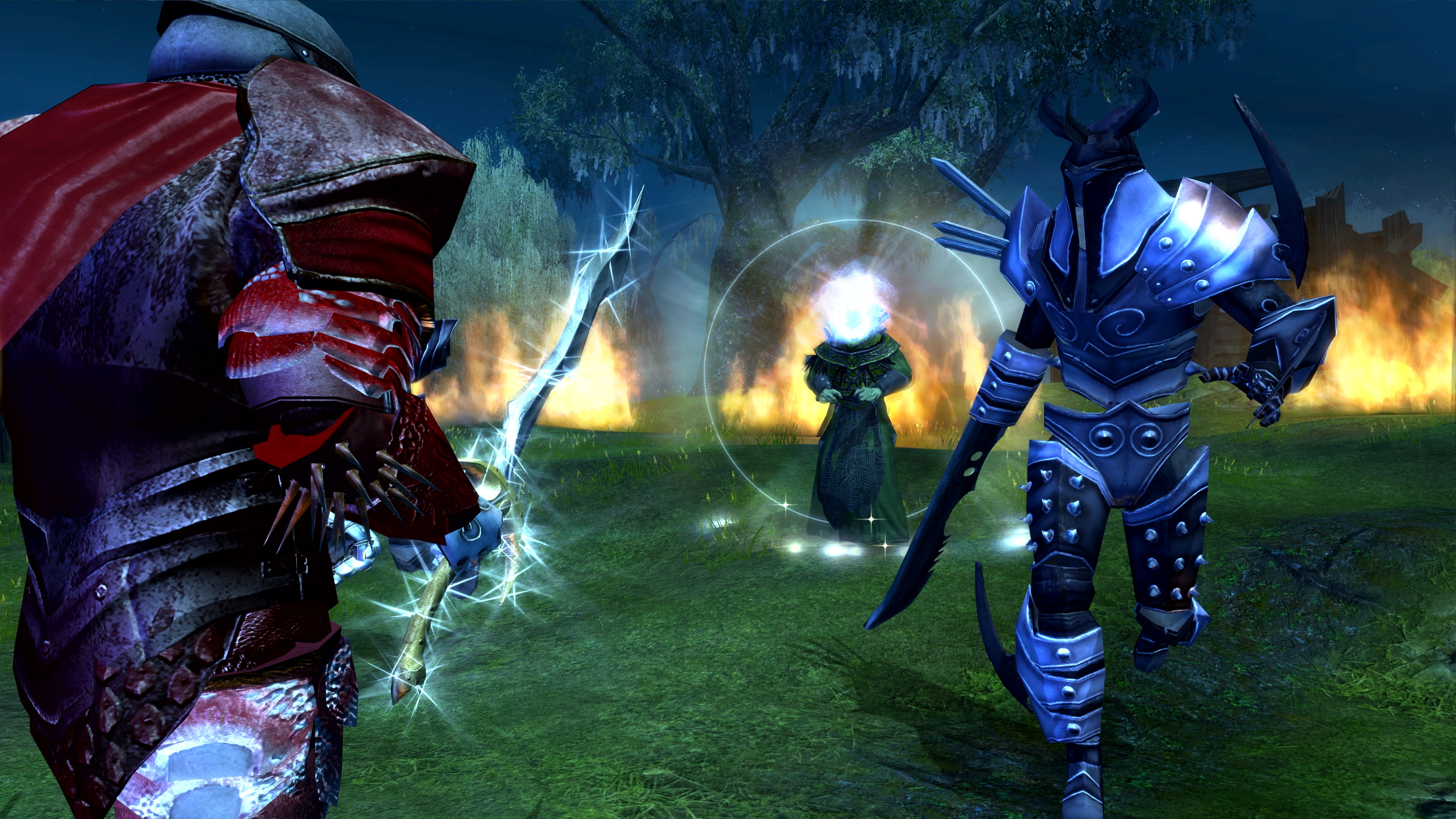 Neverwinter Nights 2 Enhanced Edition screenshot showing armored knight facing off against blade golem and shadow wizard