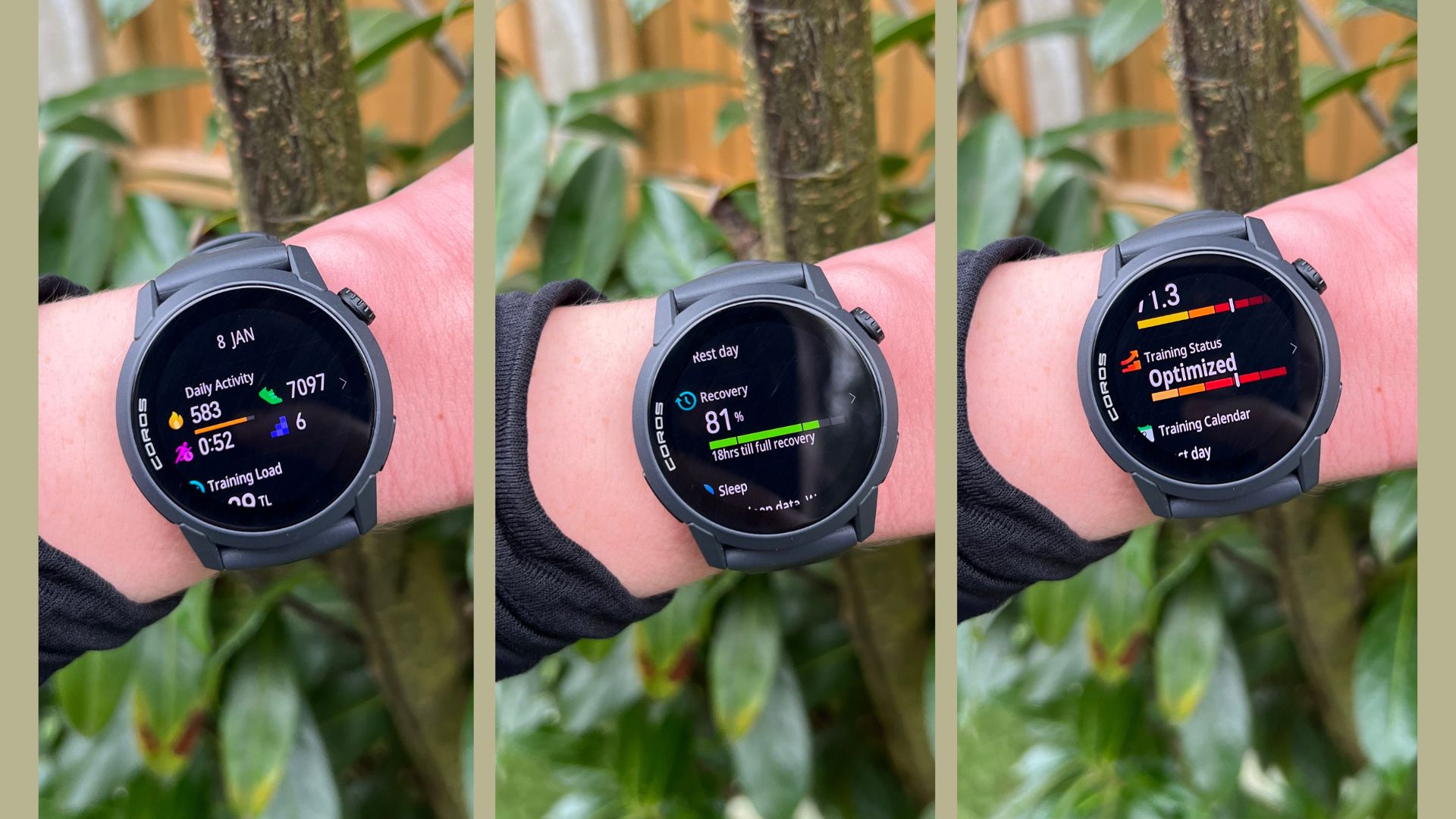 Grace Walsh wearing the Coros Pace 4 running watch showing data for the day, including recovery time and training load