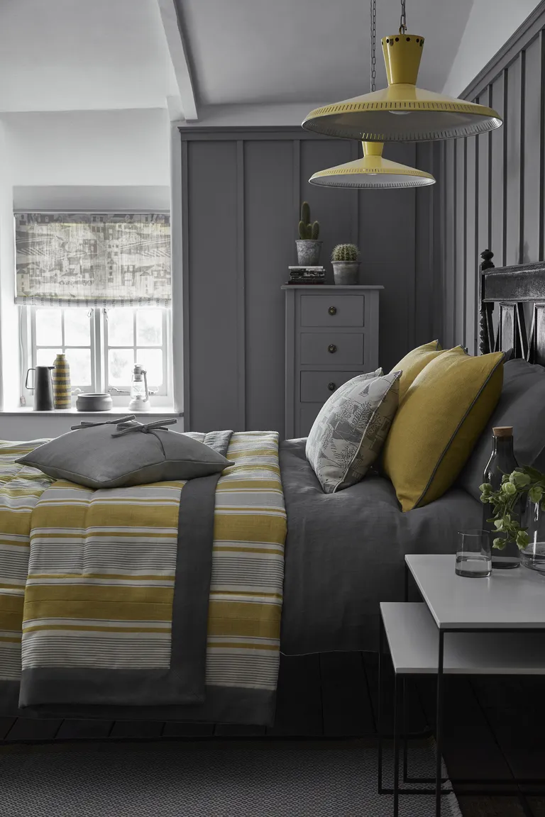 Cottage bedroom ideas - grey panelled contemporary bedroom in cottage bedroom style