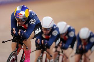 Members of the US team compete to win Gold in the Womens Team Pursuit Finals at the UCI track cycling World Championship at the velodrome in Berlin on February 27 2020 Photo by Odd ANDERSEN AFP Photo by ODD ANDERSENAFP via Getty Images