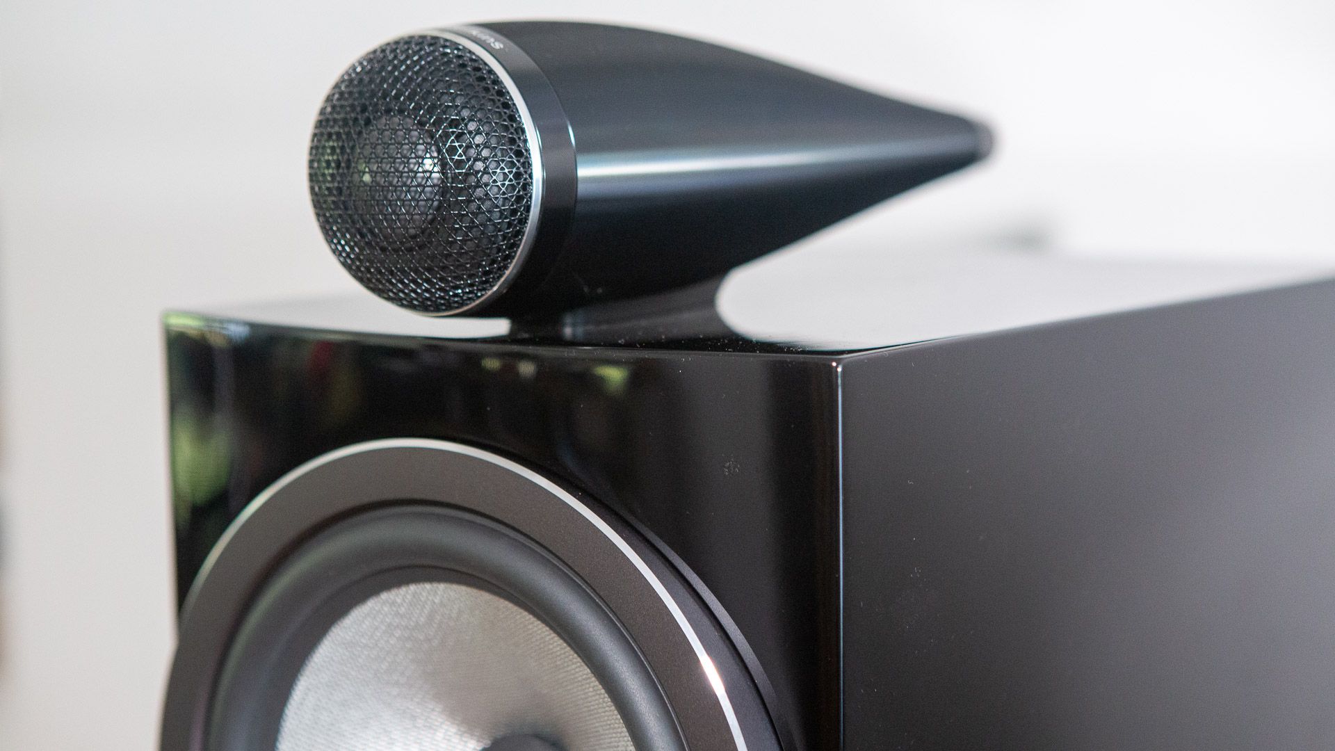 Close-up of Bowers & Wilkins 705 S3 speakers and Marantz amplifier