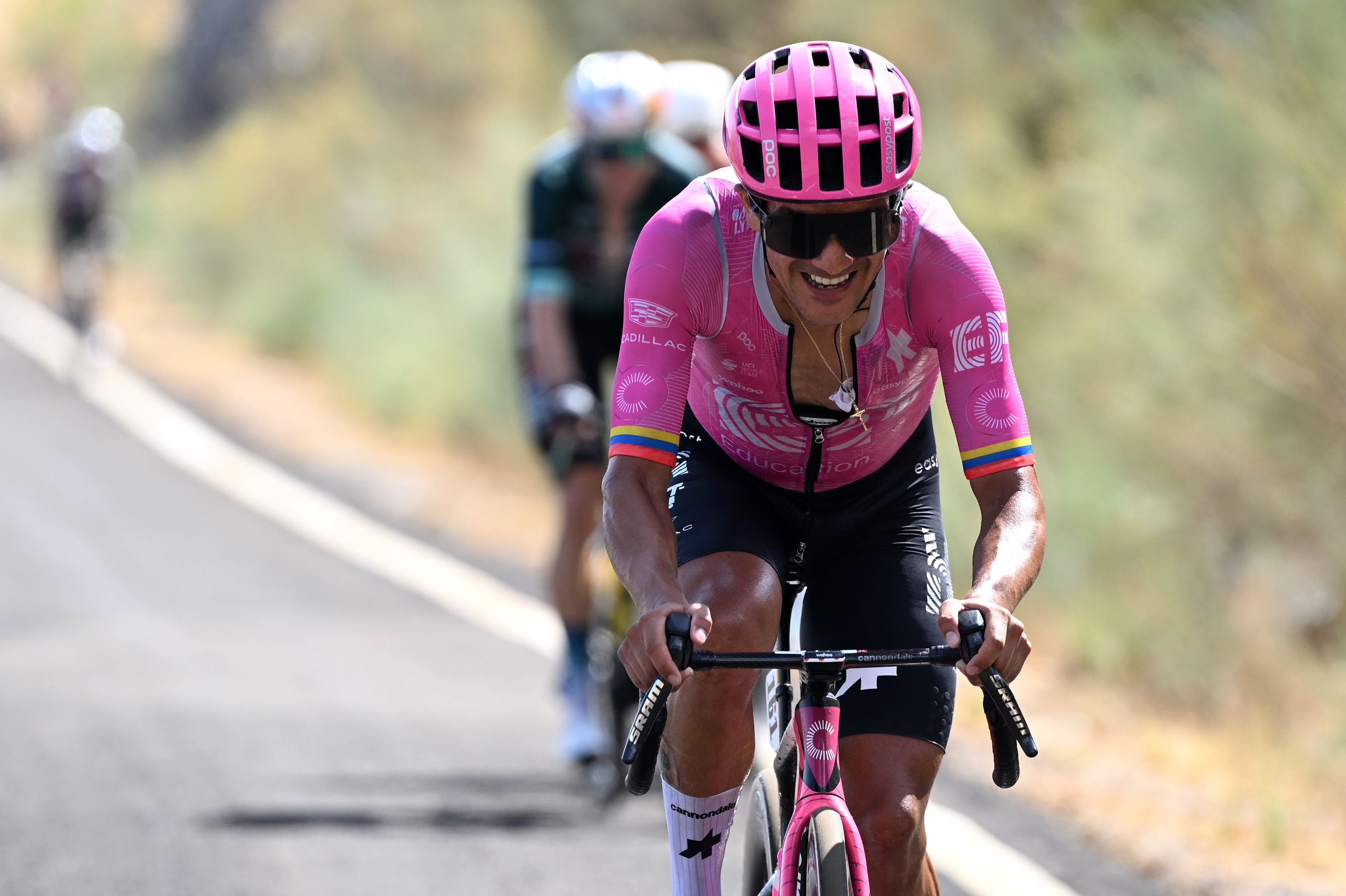 Richard Carapaz attacking during stage 12 of the Vuelta a Espana