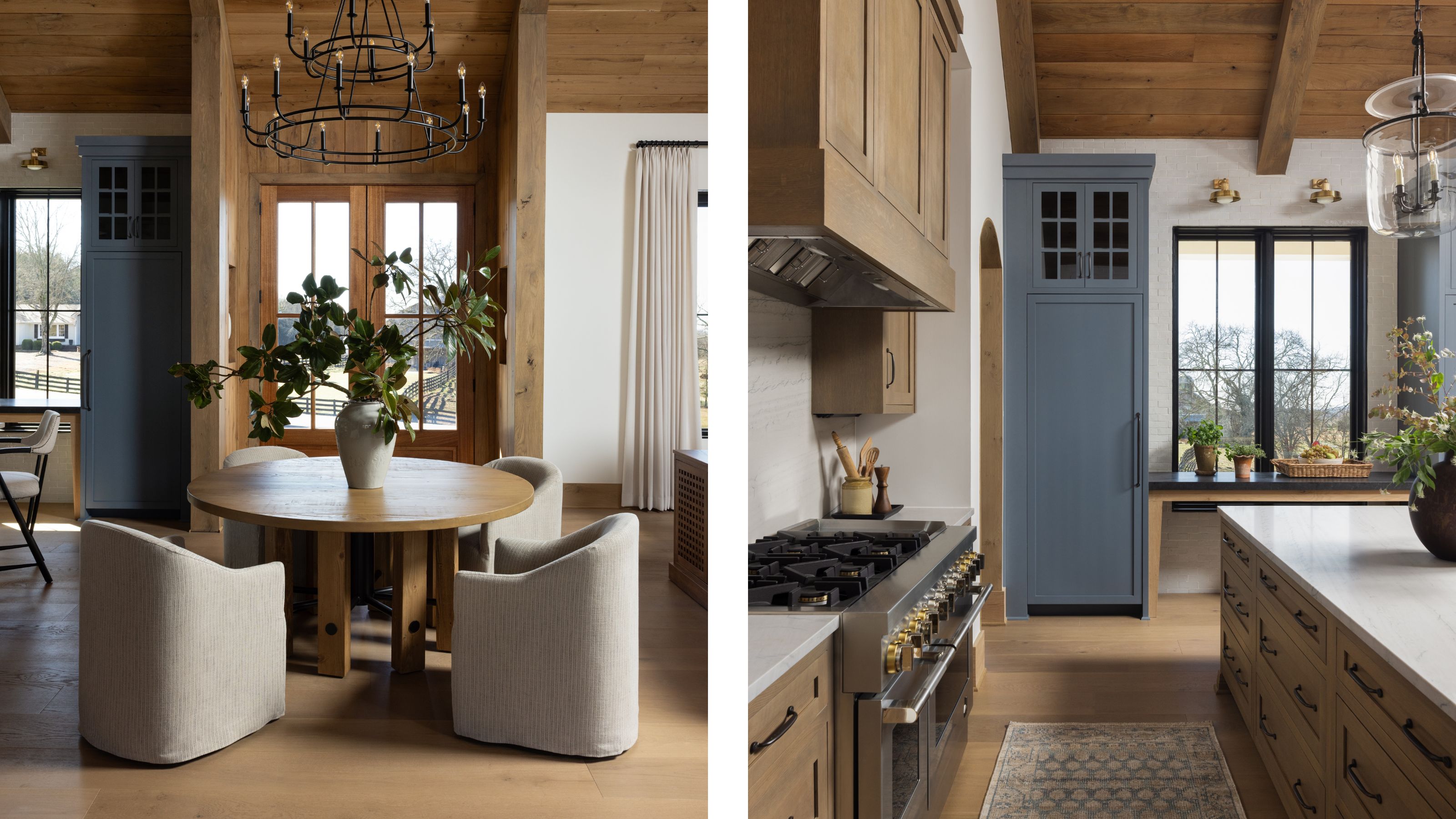 Side-by-side view showing a round wood dining table with four barrel chairs on the left, and a modern rustic kitchen with wooden cabinets and a blue pantry unit on the right.