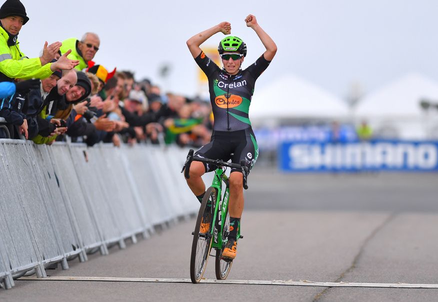 Maud Kaptheijns celebrates as she crosses the line