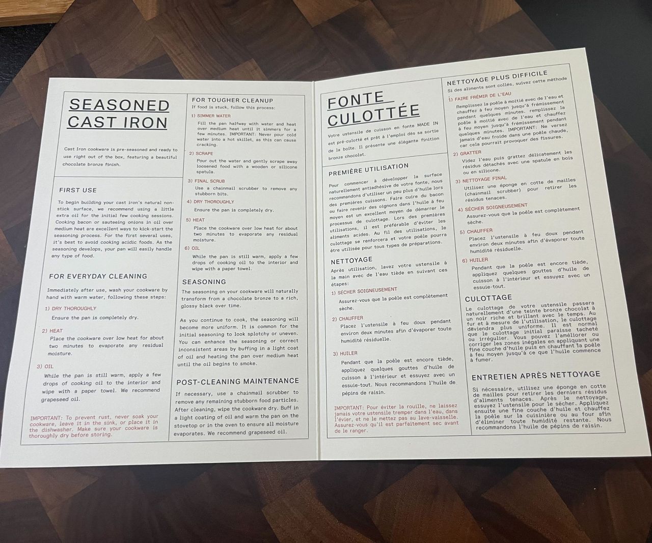Instruction manual for Made In seasoned cast iron.