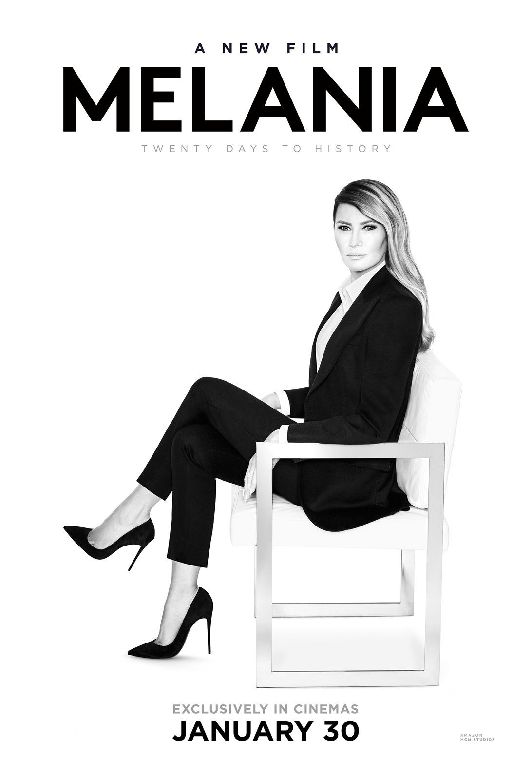 A black-and-white film poster featuring Melania Trump seated in a minimalist chair, with the title "MELANIA: TWENTY DAYS TO HISTORY" above her and a cinema release date of January 30 below.