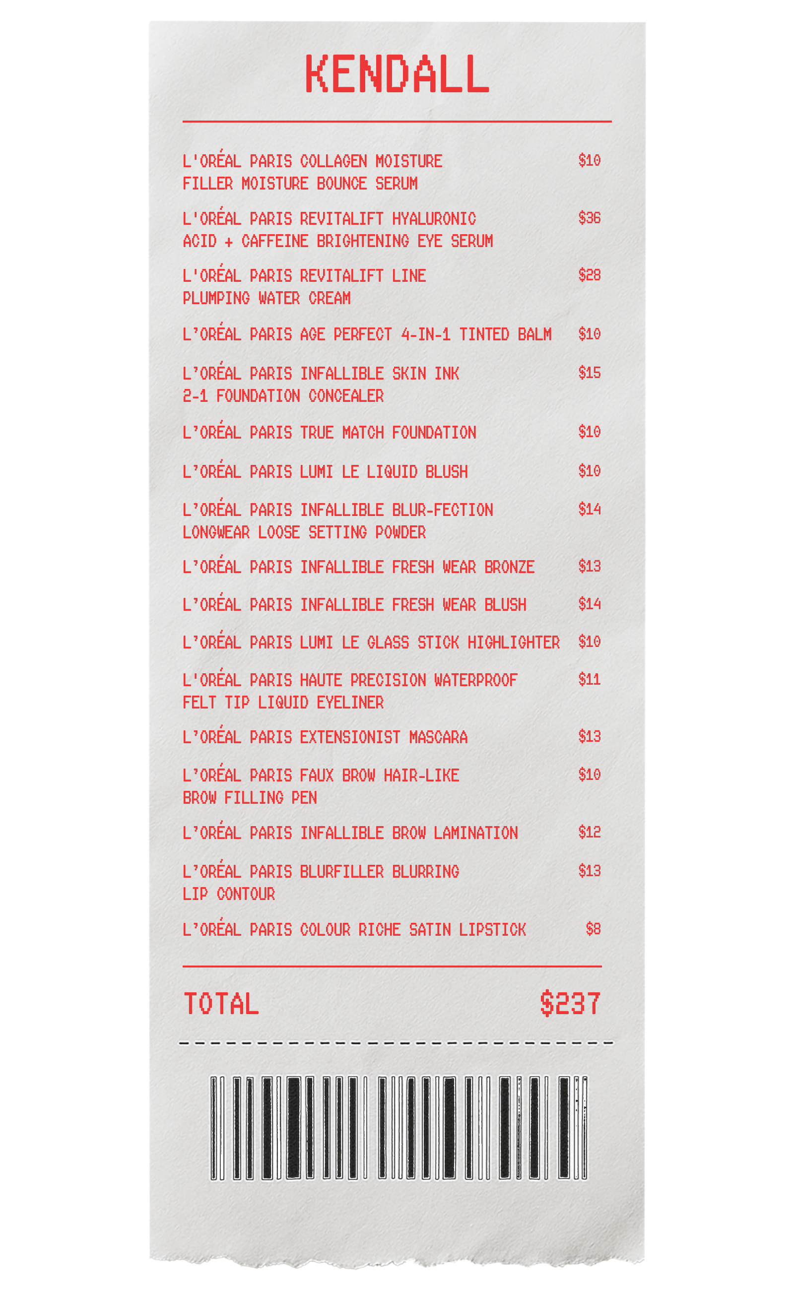 Kendall Jenner's drugstore makeup receipt