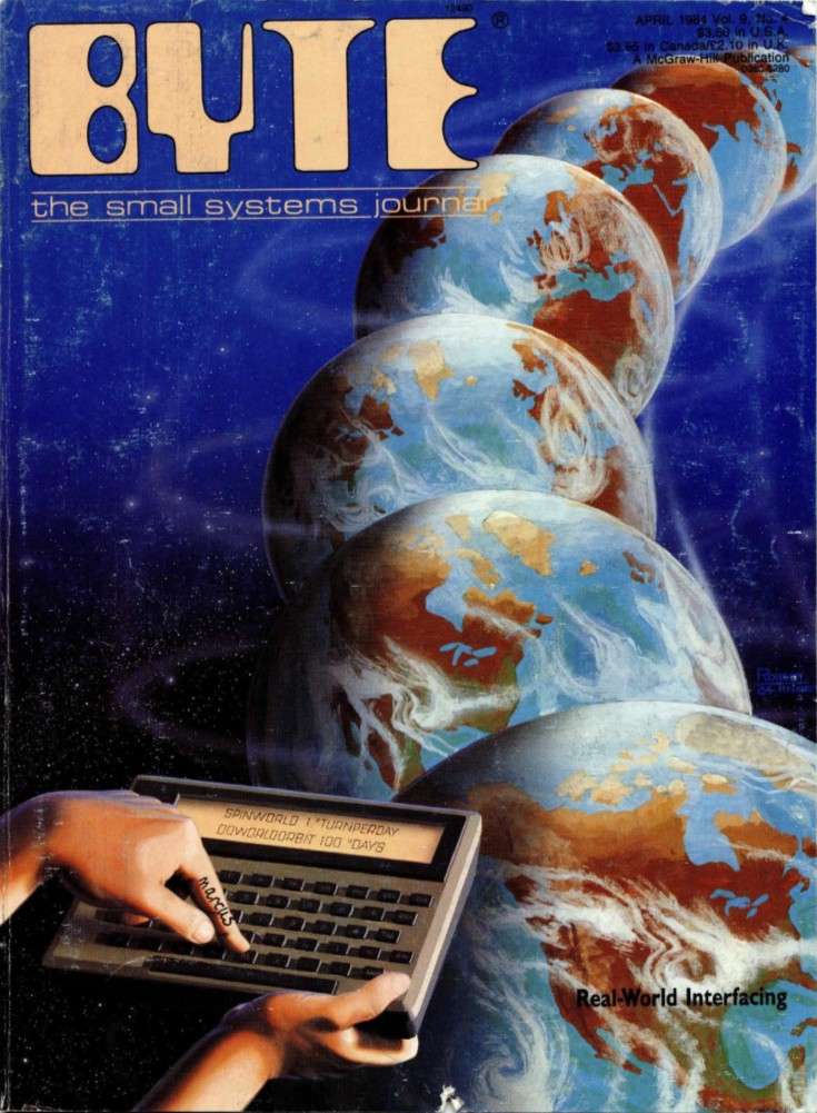 Byte cover showing hands pressing button creating copies of earth cascading through space.