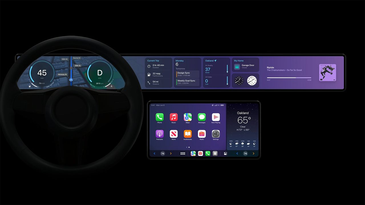 A dashboard showing Apple CarPlay