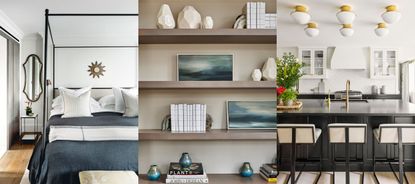 Three examples of rhythm in interior design. White bedroom, close up of decorated shelves, modern kitchen.