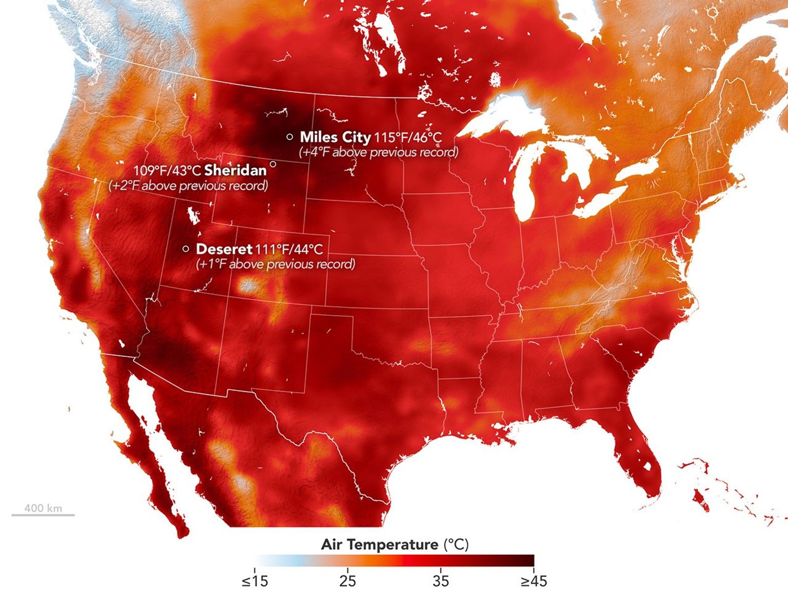 A heat map of the continental US all in red showing a heat dome over the country
