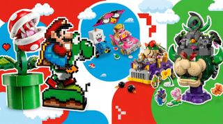 Super Mario Lego sets in front of a colorful background