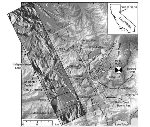 Regional map showing location of the Polaris fault and selected regional faults from the U.S. Geological Survey (USGS). The inset topographic map shows high-resolution airborne LiDAR imagery, with the Polaris fault shown as a bold white line.