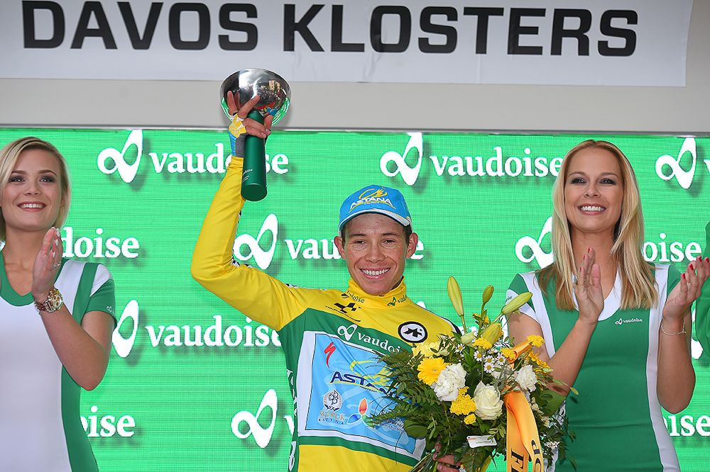 Miguel Angel Lopez (Astana) in yellow after stage 8 at the Tour de Suisse