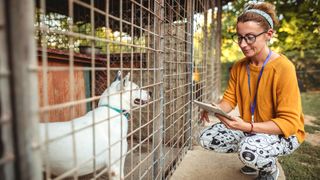 Lady making notes on dog at rescue center