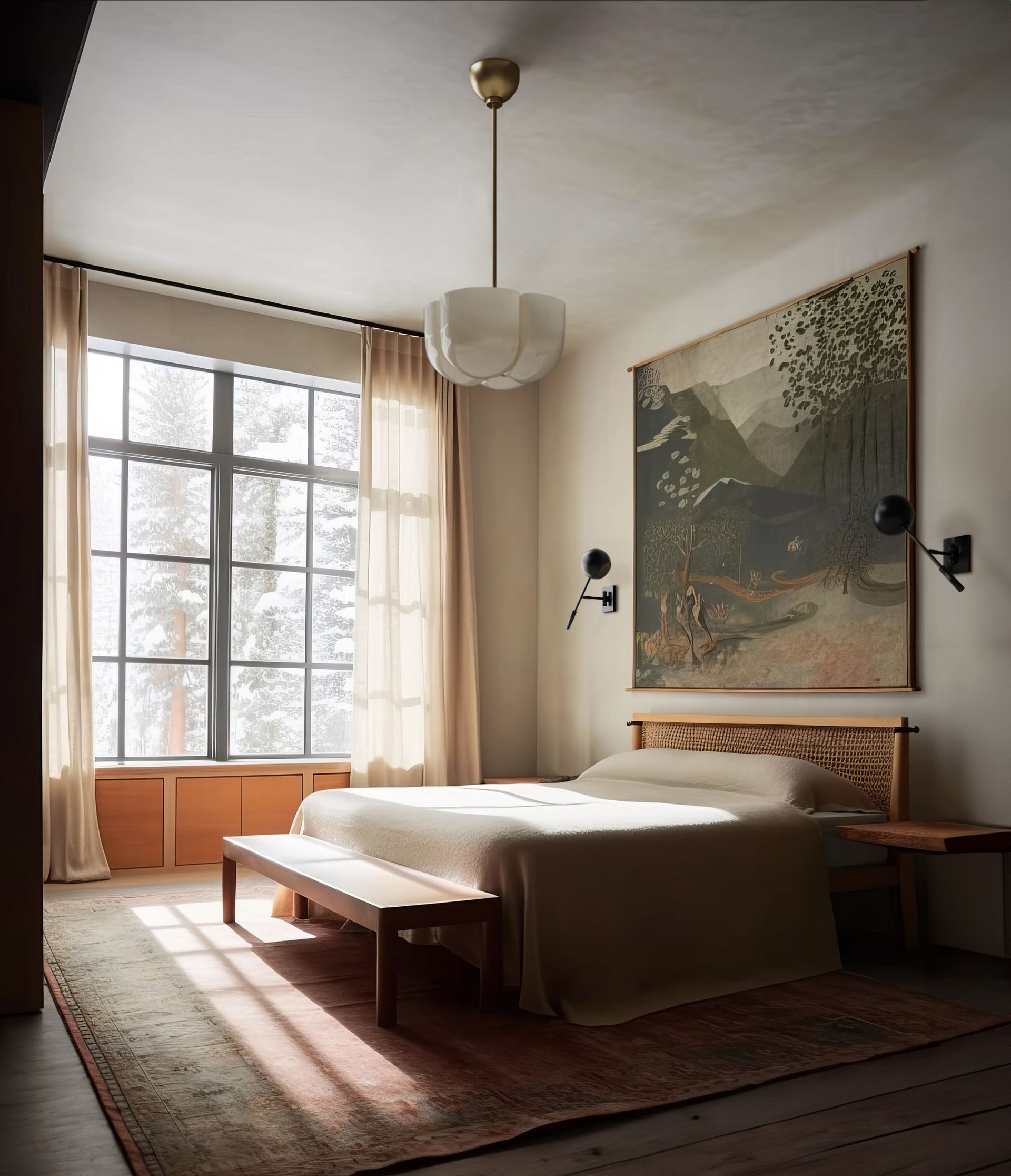 A bedroom with wall tapestry