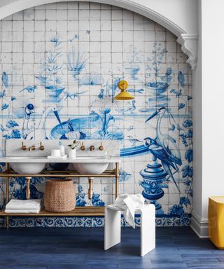 Bathroom tile ideas by Jake Curtis showing a colorful bathroom using contemporary furniture and pops of yellow